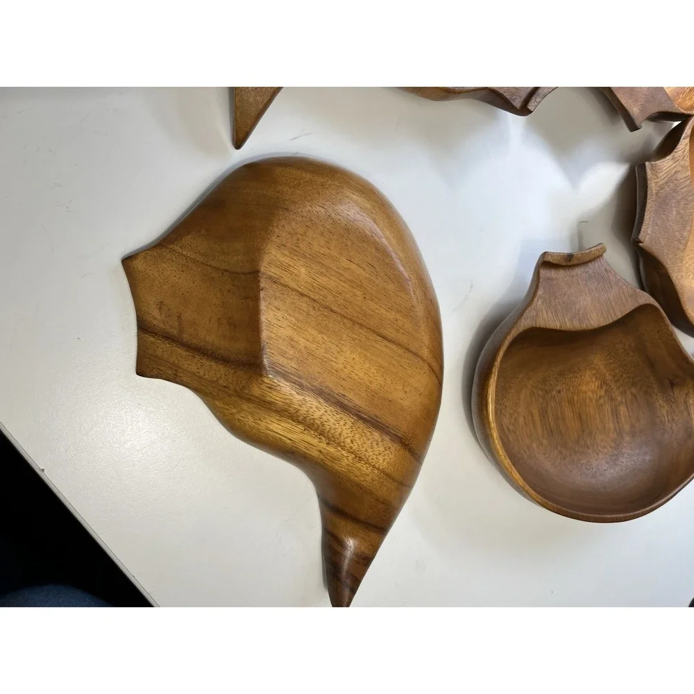 Vintage Mcm Monkeypod Wood Interlocking Leaf Serving Bowl Set Five Tiki Lazy Sus